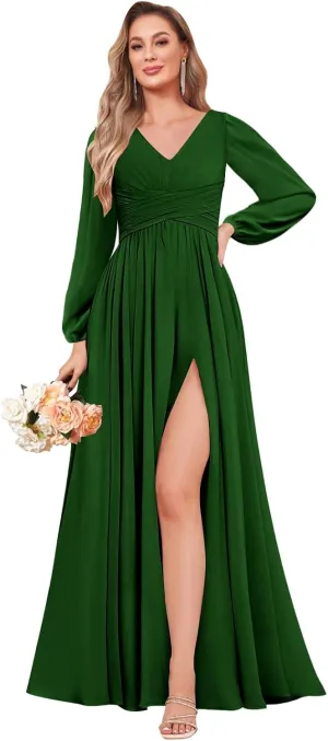 Long Sleeve Bridesmaid Dresses for Wedding A-Line Chiffon Formal Evening Gown with Slit