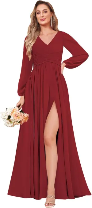 Long Sleeve Bridesmaid Dresses for Wedding A-Line Chiffon Formal Evening Gown with Slit