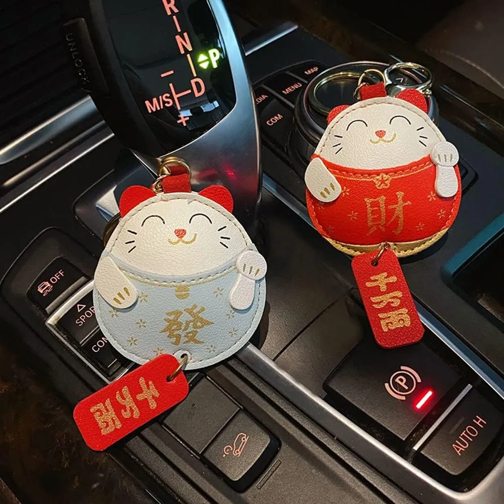Lucky Cat Keychain,PU Leather Keychain Key Ring Multifunction Key Holder Charm Keyring Pendant
