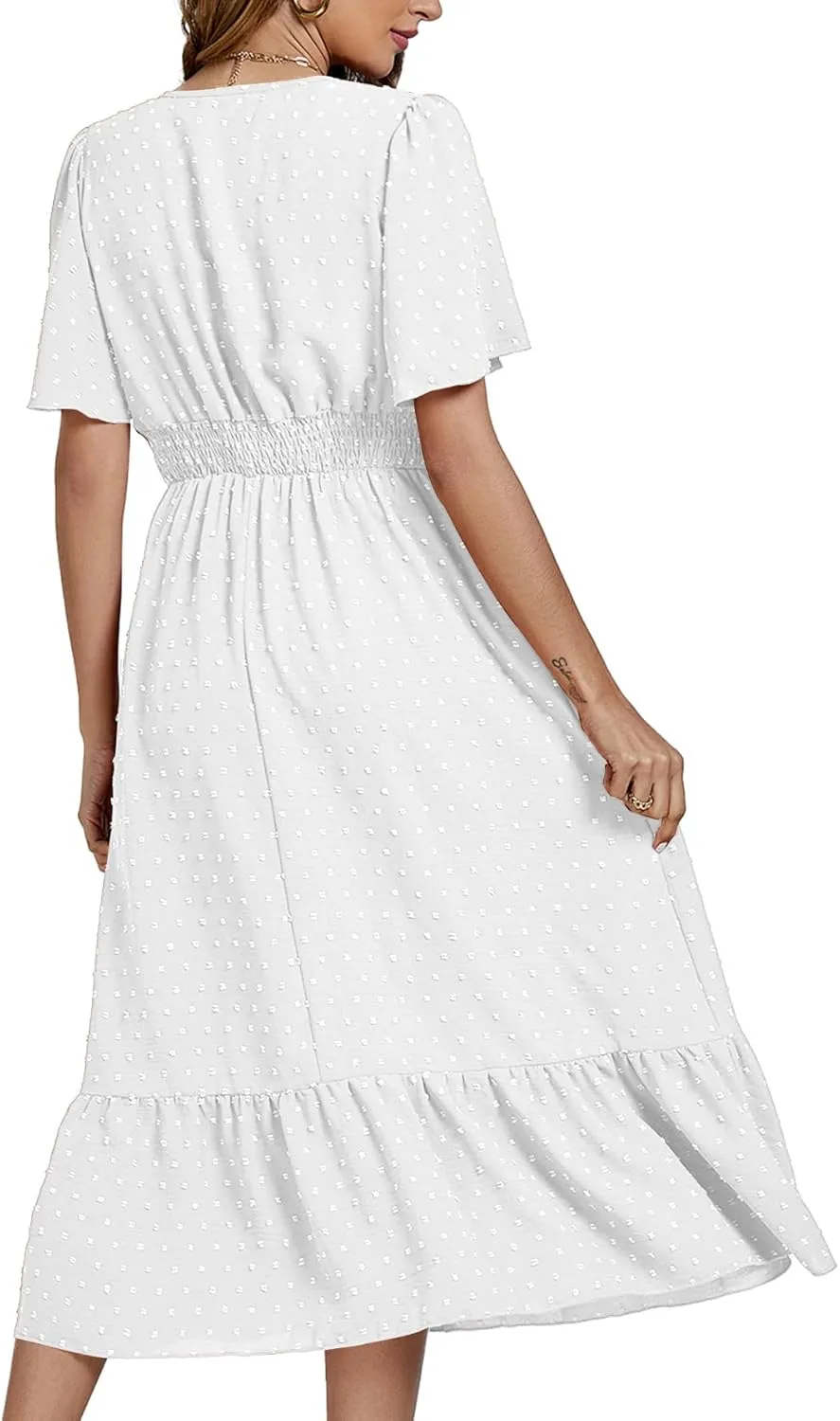 LYANER Women Boho Maxi Dress Long Sleeve V Neck Swiss Dot High Waited A-Line Ruffle Tiered Chiffon Long Dresses