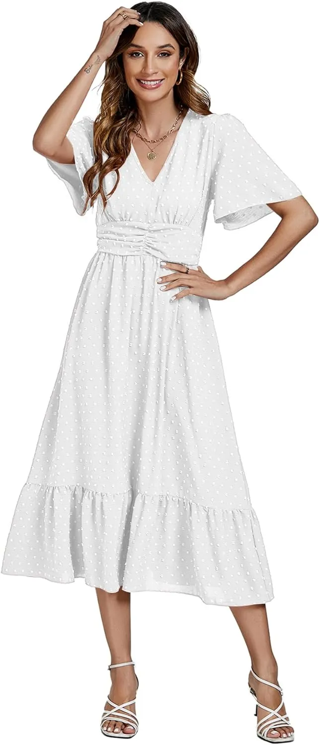 LYANER Women Boho Maxi Dress Long Sleeve V Neck Swiss Dot High Waited A-Line Ruffle Tiered Chiffon Long Dresses