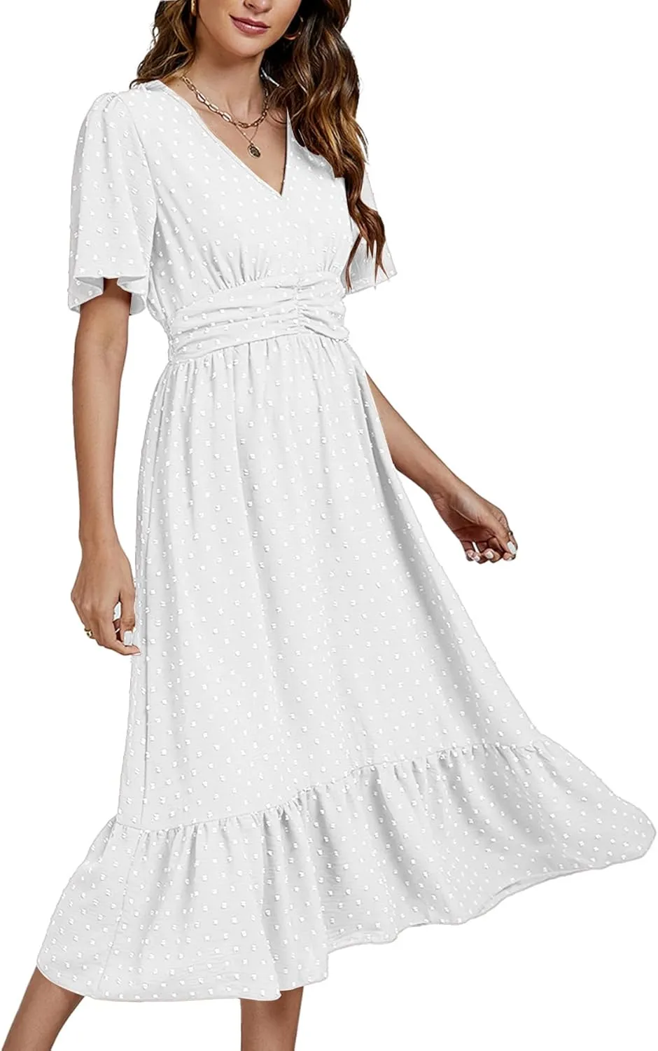 LYANER Women Boho Maxi Dress Long Sleeve V Neck Swiss Dot High Waited A-Line Ruffle Tiered Chiffon Long Dresses