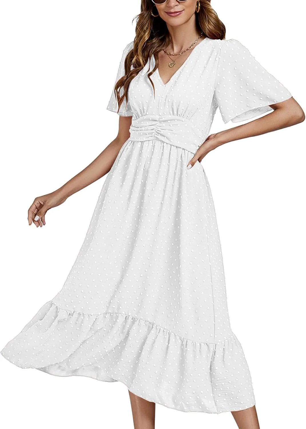 LYANER Women Boho Maxi Dress Long Sleeve V Neck Swiss Dot High Waited A-Line Ruffle Tiered Chiffon Long Dresses