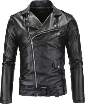 Maiyifu-GJ Men Faux Leather Motorcycle Jacket Asymmetric Zipper Slim Outwear Overcoat Retro Notched Lapel Pu Biker Coat (Black,Small)