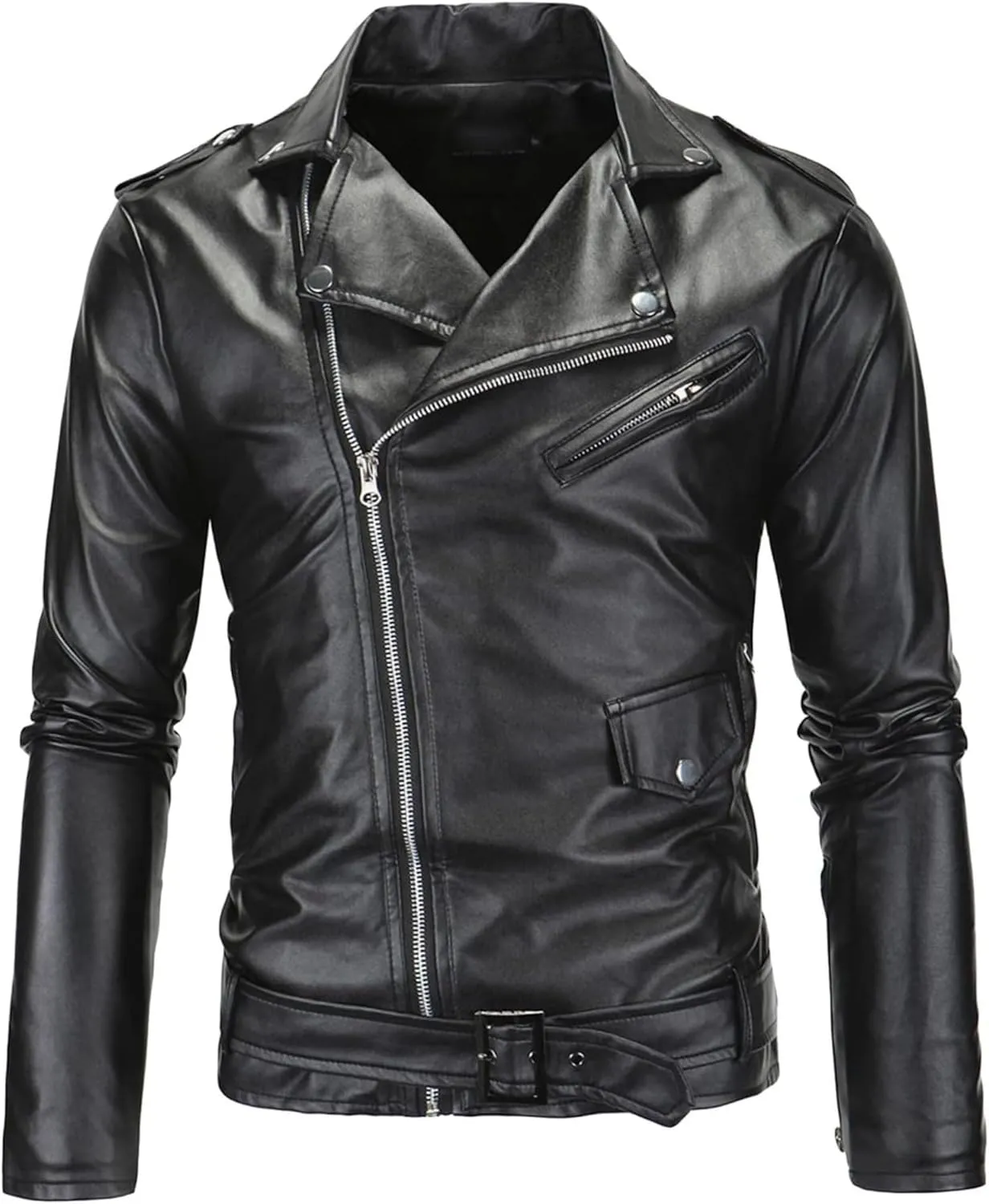 Maiyifu-GJ Men Faux Leather Motorcycle Jacket Asymmetric Zipper Slim Outwear Overcoat Retro Notched Lapel Pu Biker Coat (Black,Small)