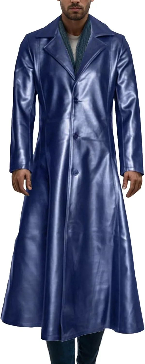 Maiyifu-GJ Mens Retro Faux Leather Trench Coat Full Length Steampunk Long Overcoat Vintage Open Front Cardigan Jacket
