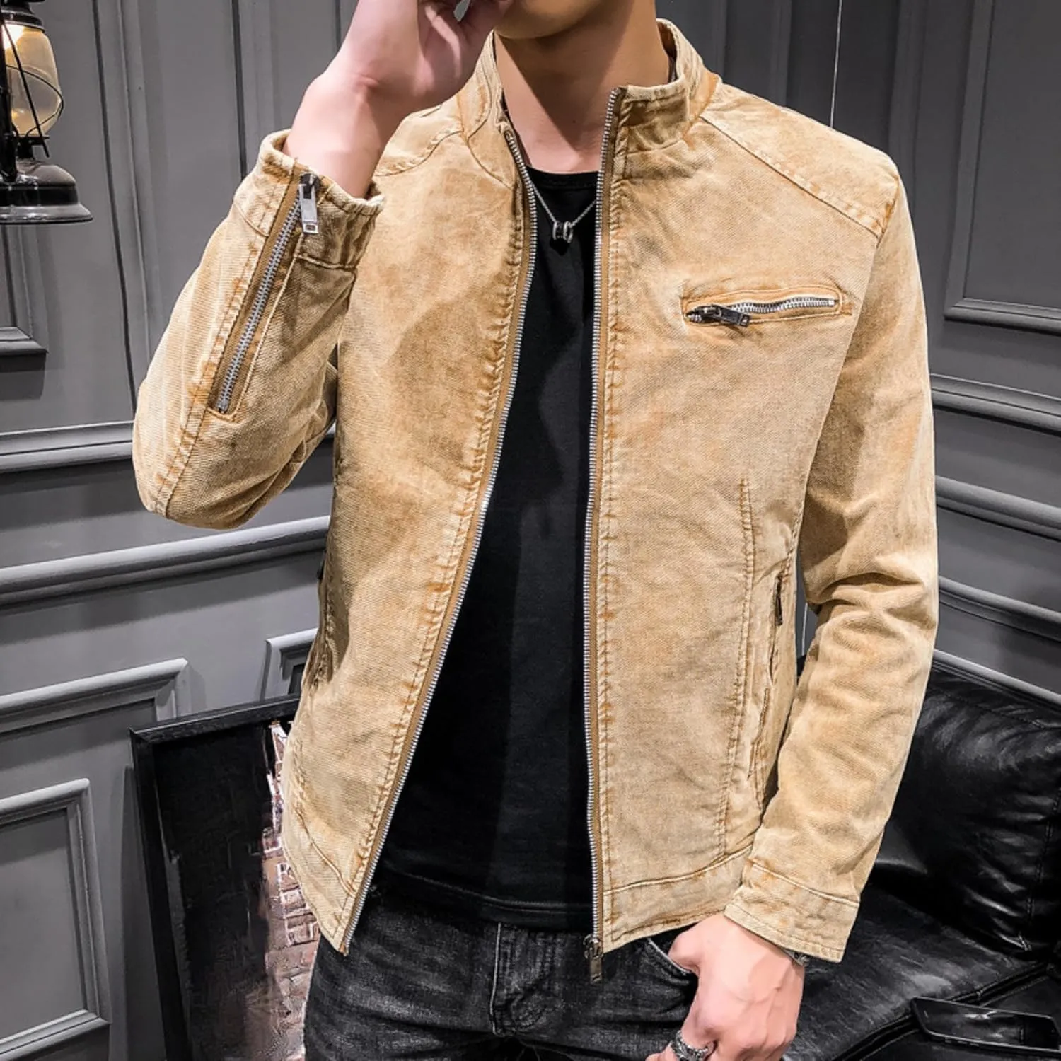 Maiyifu-GJ Men's Slim Fit Zipper Warm Moto Trucker Coat Winter Stand Collar Distressed Jean Jacket Fleece Lined Denim Jacket (YellowB1,XX-Large)