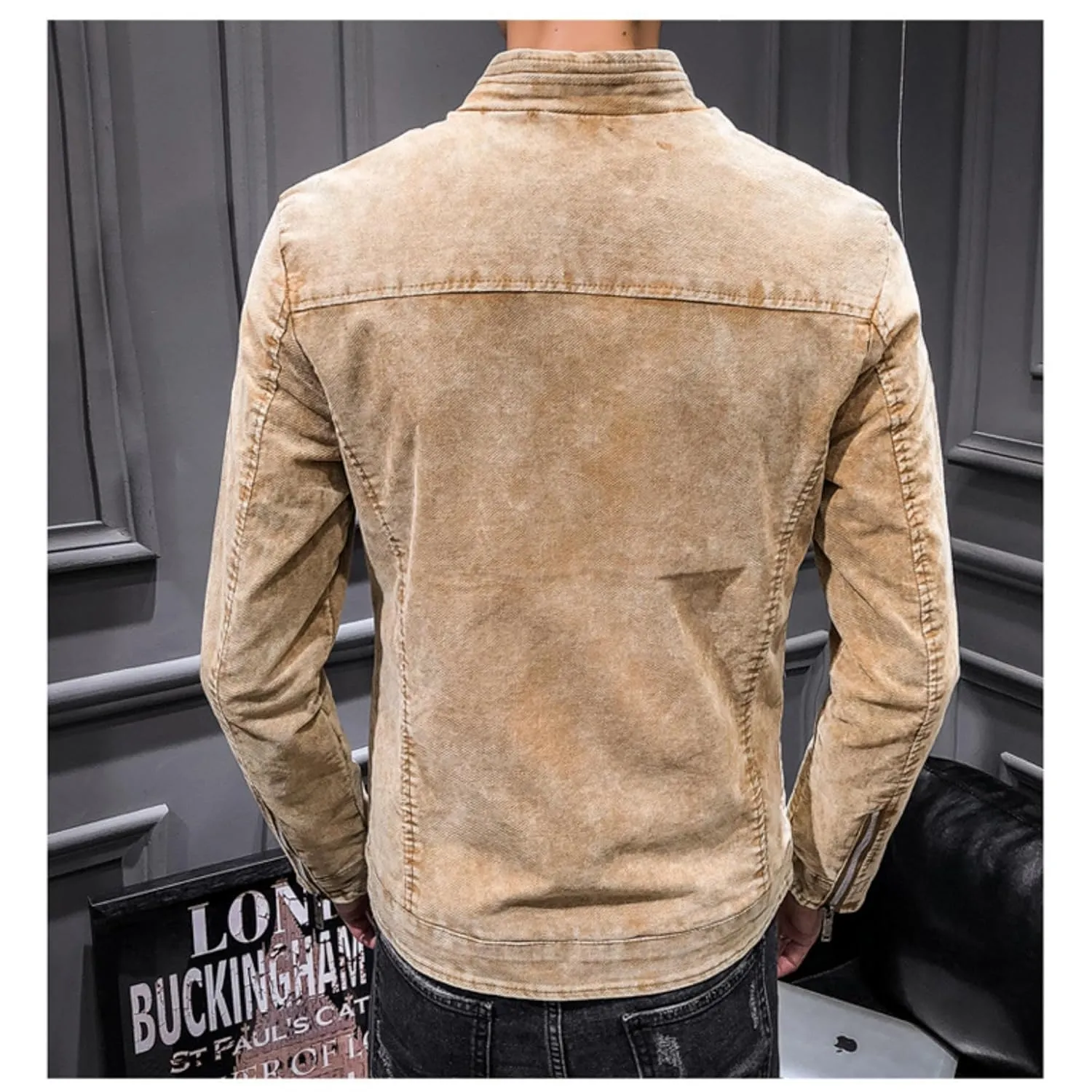 Maiyifu-GJ Men's Slim Fit Zipper Warm Moto Trucker Coat Winter Stand Collar Distressed Jean Jacket Fleece Lined Denim Jacket (YellowB1,XX-Large)