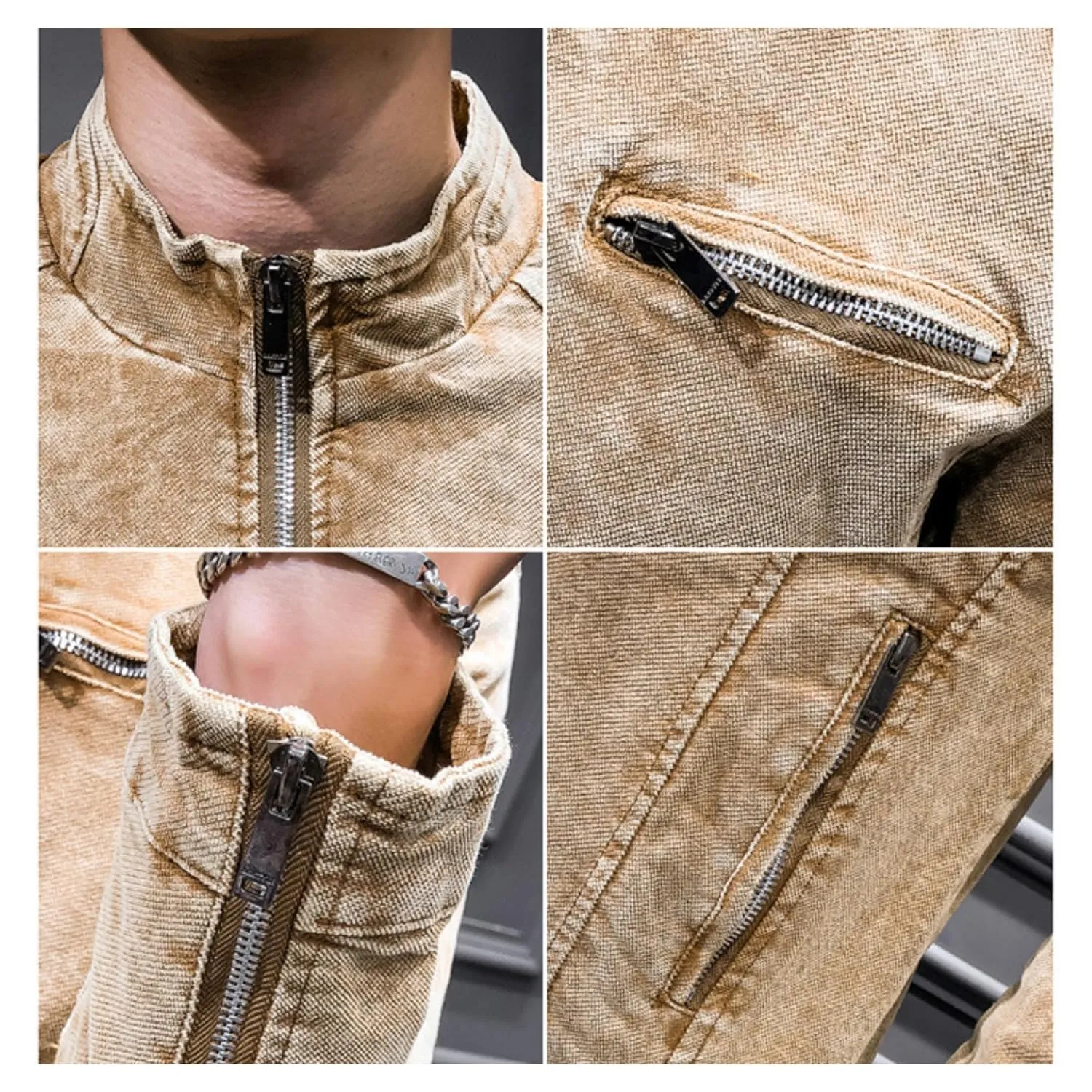 Maiyifu-GJ Men's Slim Fit Zipper Warm Moto Trucker Coat Winter Stand Collar Distressed Jean Jacket Fleece Lined Denim Jacket (YellowB1,XX-Large)