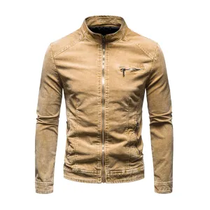 Maiyifu-GJ Men's Slim Fit Zipper Warm Moto Trucker Coat Winter Stand Collar Distressed Jean Jacket Fleece Lined Denim Jacket (YellowB1,XX-Large)