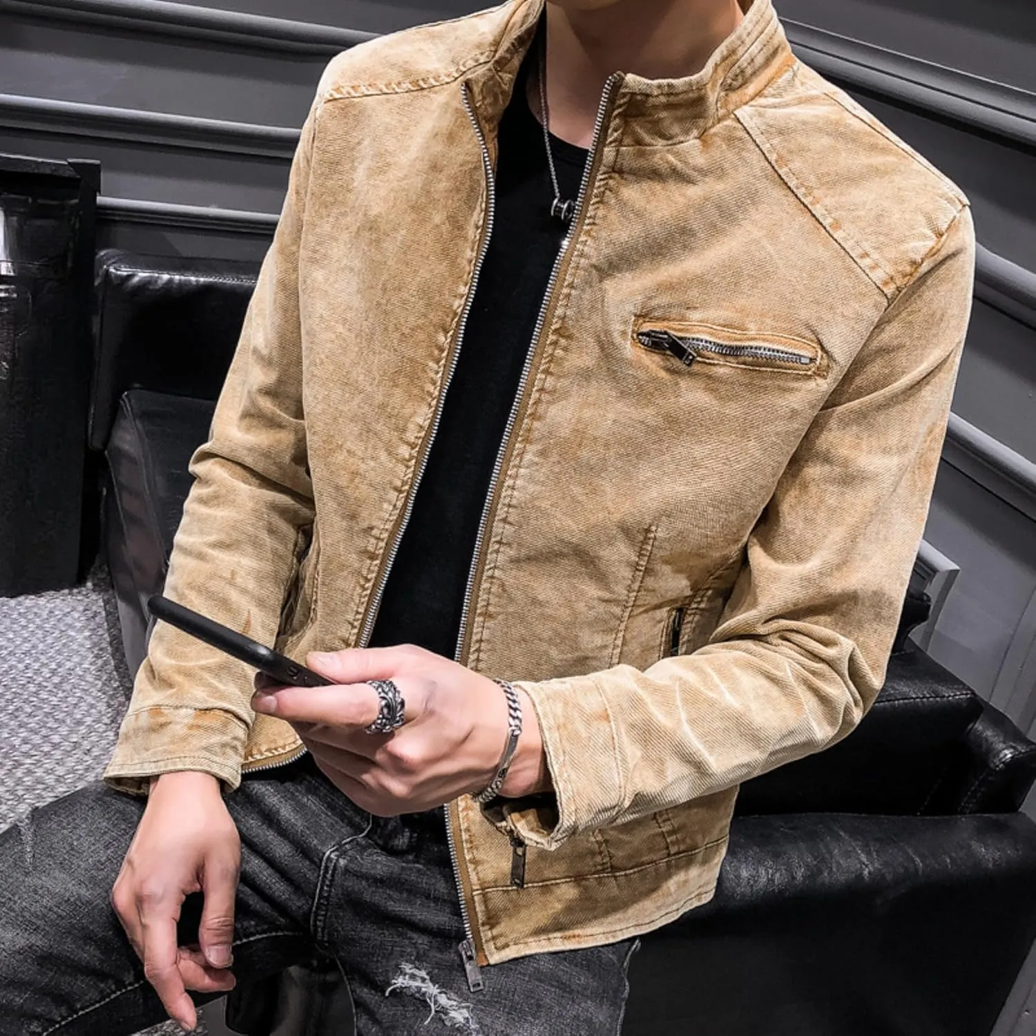 Maiyifu-GJ Men's Slim Fit Zipper Warm Moto Trucker Coat Winter Stand Collar Distressed Jean Jacket Fleece Lined Denim Jacket (YellowB1,XX-Large)