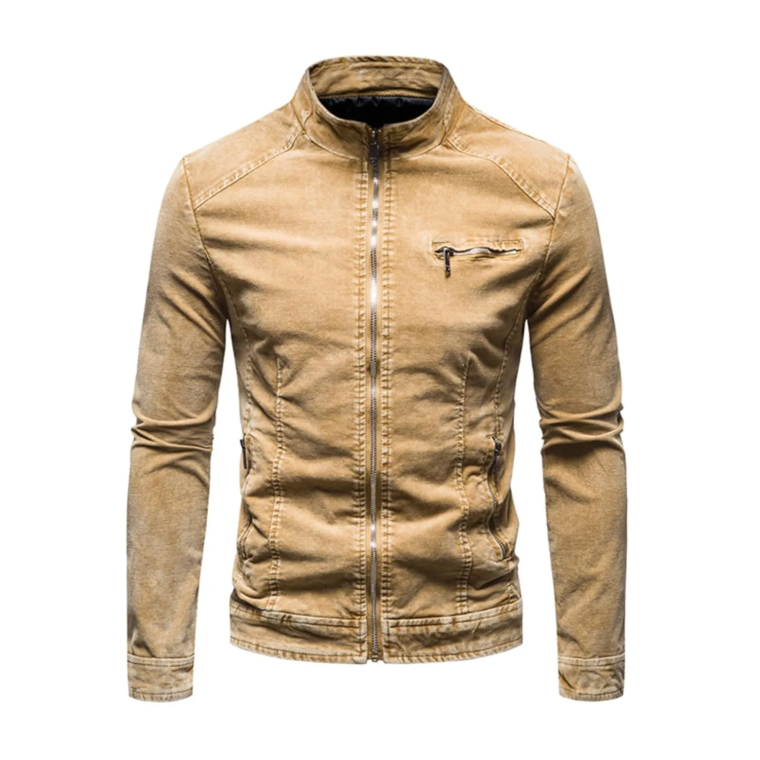 Maiyifu-GJ Men's Slim Fit Zipper Warm Moto Trucker Coat Winter Stand Collar Distressed Jean Jacket Fleece Lined Denim Jacket (YellowB1,XX-Large)