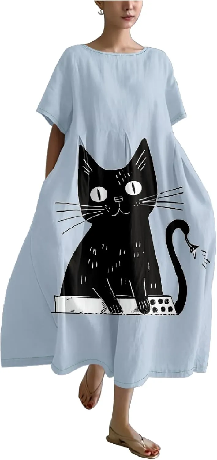 MARSVOVO Summer Dress for Women Funny Cat Graphic Cute Short Sleeve Maxi Dress Causal Plus Size Party Dress for Women