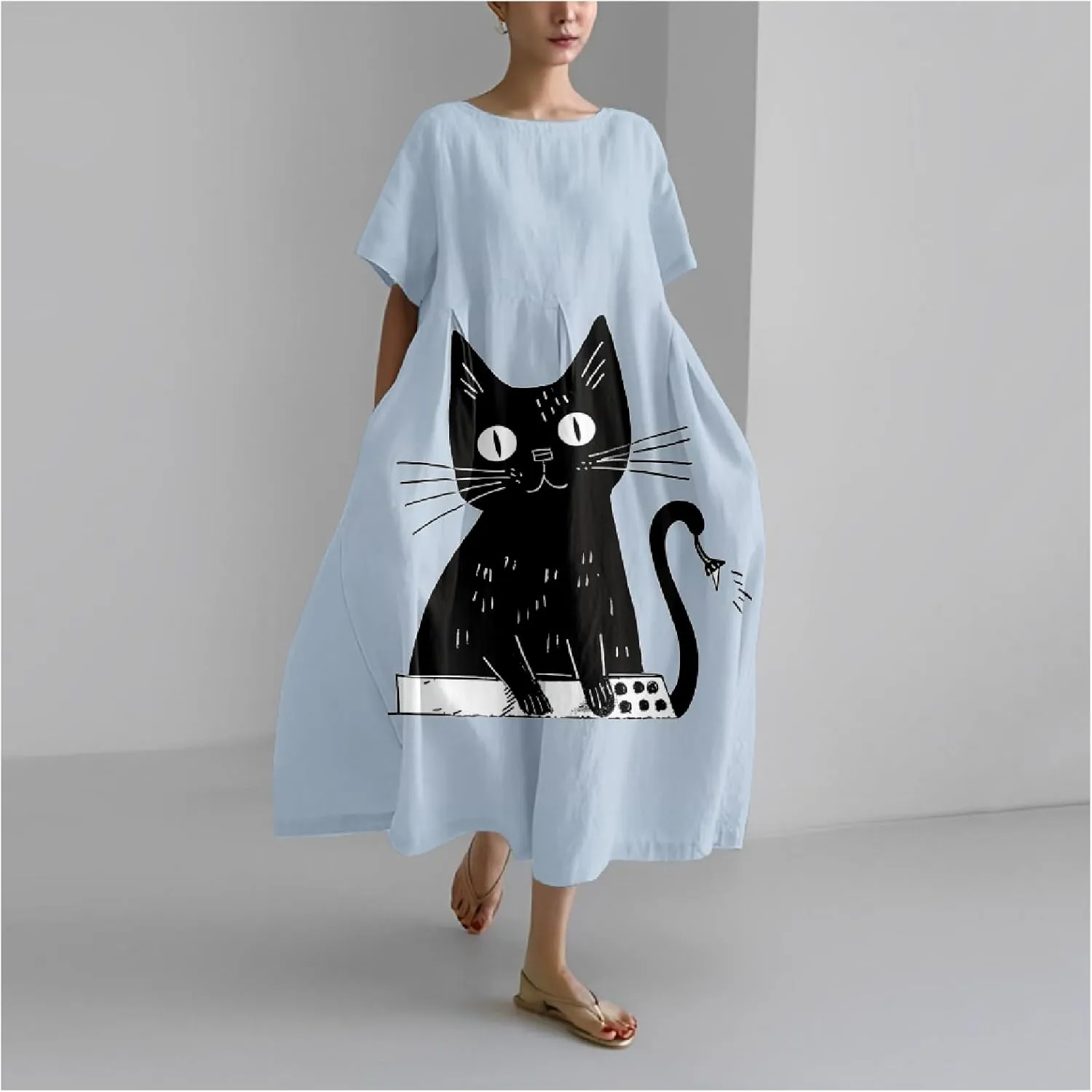 MARSVOVO Summer Dress for Women Funny Cat Graphic Cute Short Sleeve Maxi Dress Causal Plus Size Party Dress for Women