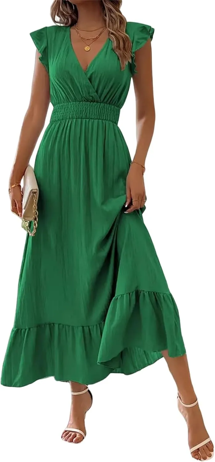 Maxi Dresses for Women V Neck Ruffle Sleeve Summer Dress Dressy Tunic Tiered Ruched Long Dresses Smocked Beach Dress