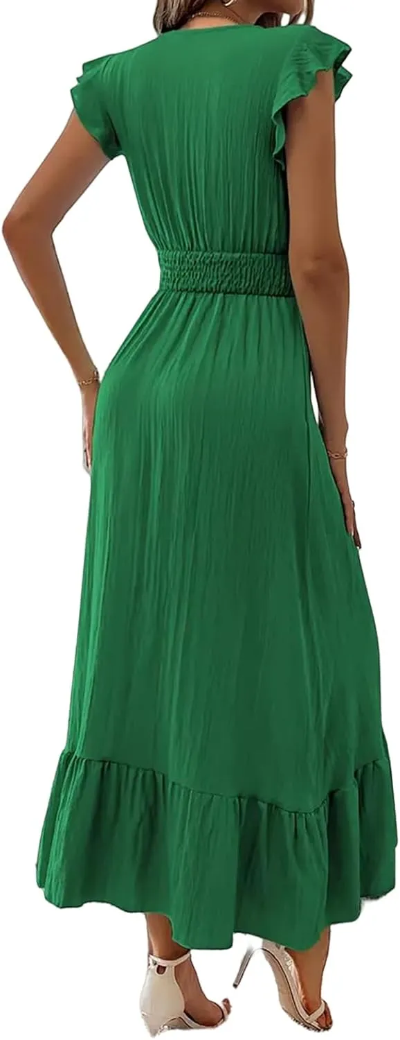 Maxi Dresses for Women V Neck Ruffle Sleeve Summer Dress Dressy Tunic Tiered Ruched Long Dresses Smocked Beach Dress