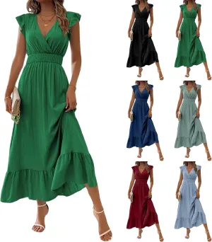 Maxi Dresses for Women V Neck Ruffle Sleeve Summer Dress Dressy Tunic Tiered Ruched Long Dresses Smocked Beach Dress