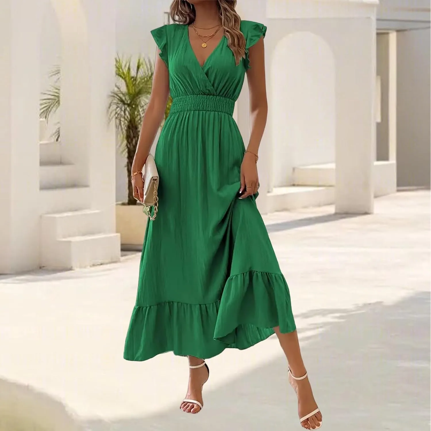 Maxi Dresses for Women V Neck Ruffle Sleeve Summer Dress Dressy Tunic Tiered Ruched Long Dresses Smocked Beach Dress