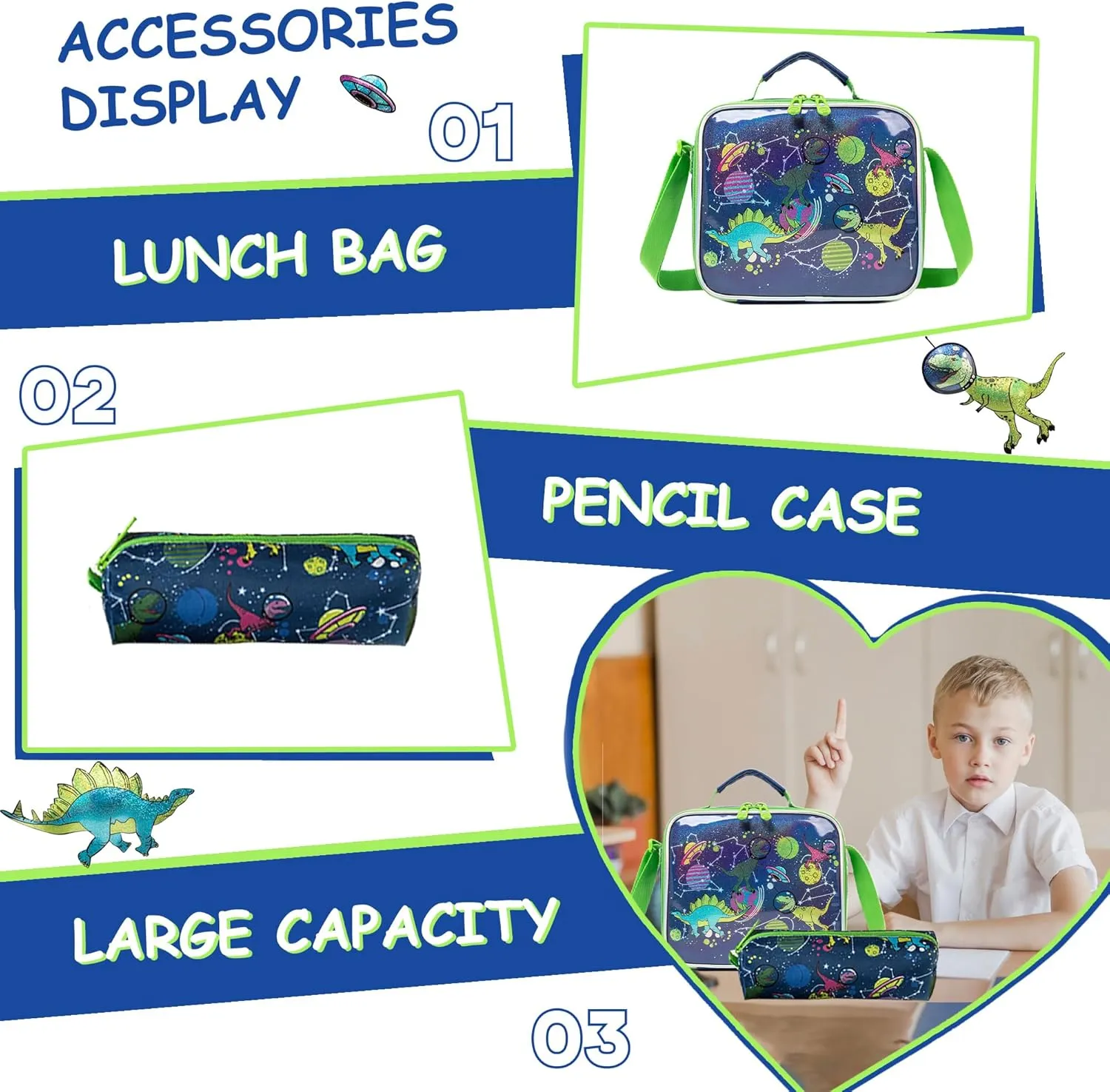 Meetbelify Dinosaur Backpacks for Boys School Backpacks for Elementary Students Ages 8-10 Kids Aesthetic Travel Backpack Large Capacity Laptop Bookbag with Lunch Box 3 in 1 Backpack Set for Boys
