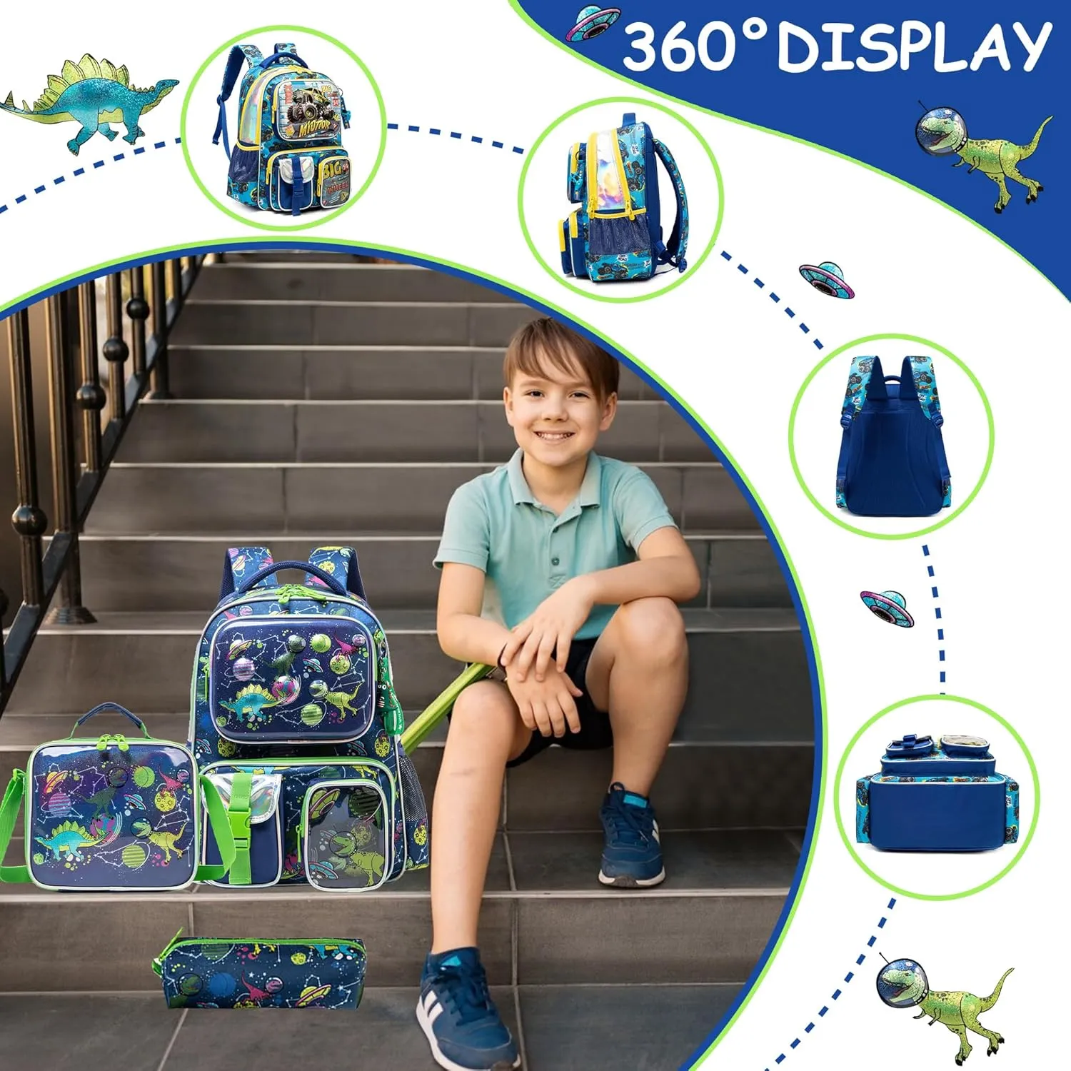 Meetbelify Dinosaur Backpacks for Boys School Backpacks for Elementary Students Ages 8-10 Kids Aesthetic Travel Backpack Large Capacity Laptop Bookbag with Lunch Box 3 in 1 Backpack Set for Boys
