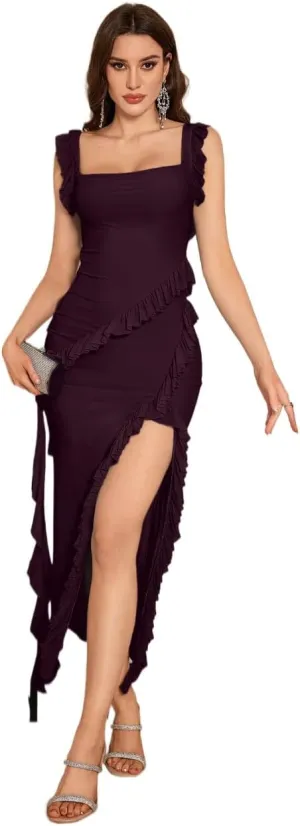 meilun Summer V-Neck Sleeveless Side Slit Backless Flowy A Line Maxi Dress Ruffle Long Dress Beach Holiday Dress