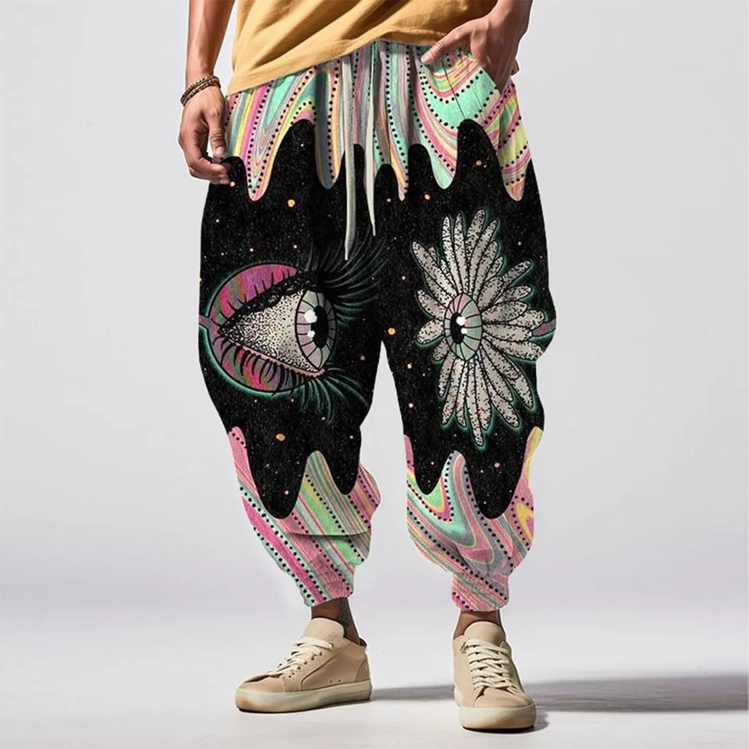 Men Linen Drop Crotch Wide Leg Baggy Harem Pants Sweatpants Mens Drawstring Aladdil Hippie Harem Pants Linen Pants