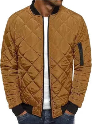 Mens Bomber Jacket Diamond Quilted Jackets Lightweight Varsity Winter Coat Warm Zip Up Cotton Padded Coats Outerwear