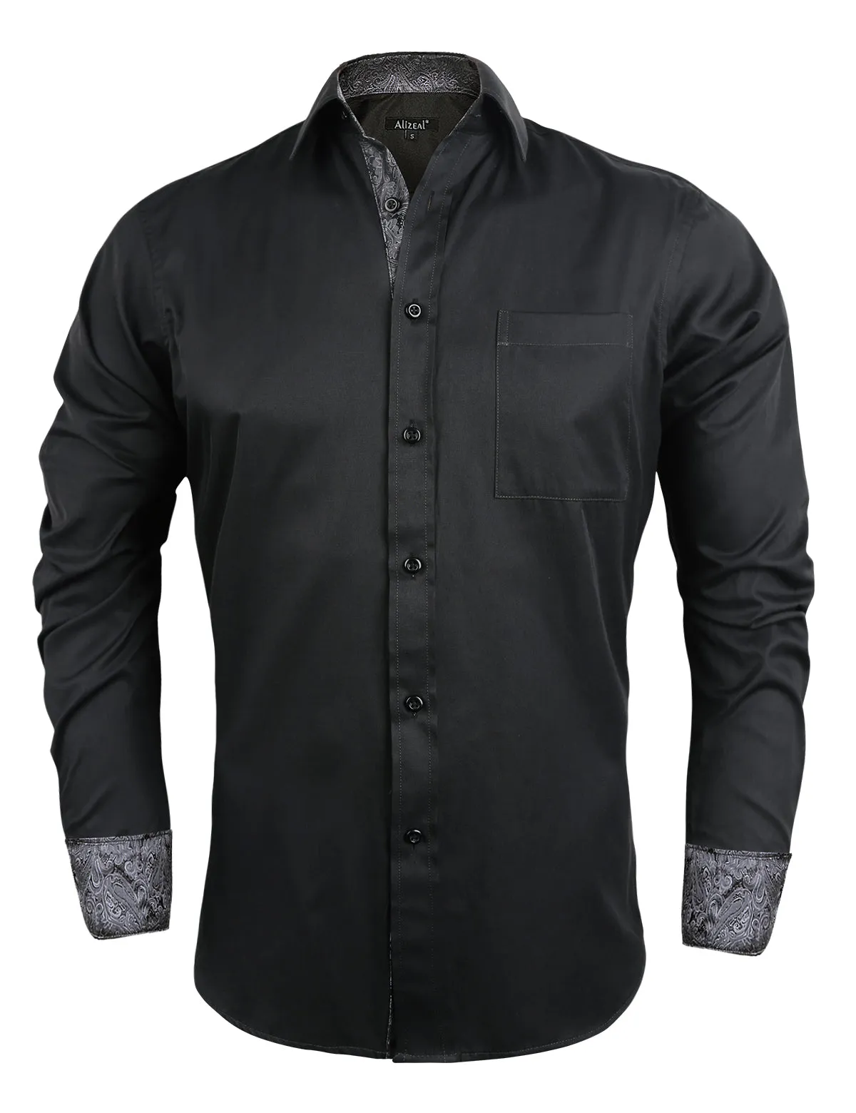 Men's Business Slim Fit Dress Shirt Long Sleeve Patchwork Button-Down Shirt, 004-Black Gray