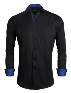 Men's Business Slim Fit Dress Shirt Long Sleeve Patchwork Button-Down Shirt, 004-Black Royal Blue