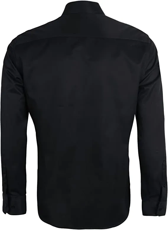 Men's Business Slim Fit Dress Shirt Long Sleeve Patchwork Button-Down Shirt, 004-Black Royal Blue