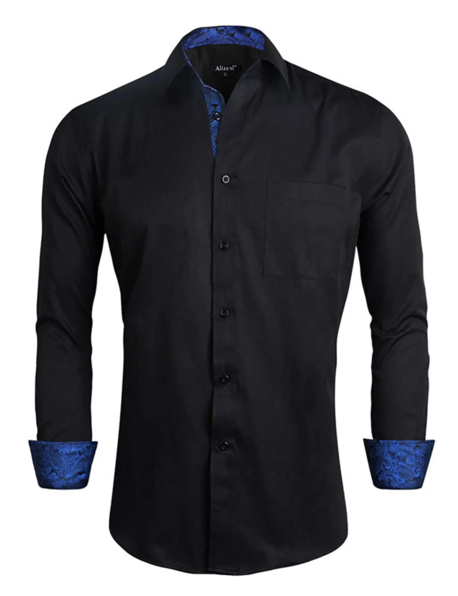 Men's Business Slim Fit Dress Shirt Long Sleeve Patchwork Button-Down Shirt, 004-Black Royal Blue