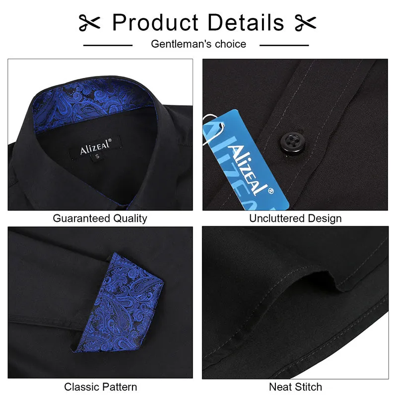 Men's Business Slim Fit Dress Shirt Long Sleeve Patchwork Button-Down Shirt, 004-Black Royal Blue