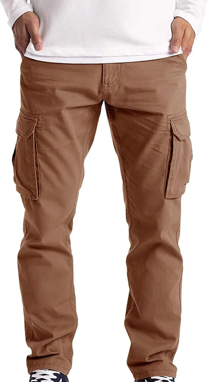 Mens Casual Cargo Pants Solid Color Cotton Linen Trousers Straight Leg Joggers Outdoor Wearing Pants with Pockets