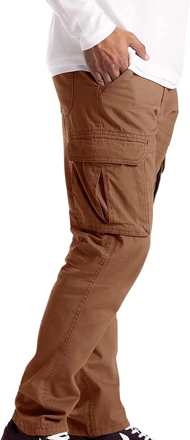 Mens Casual Cargo Pants Solid Color Cotton Linen Trousers Straight Leg Joggers Outdoor Wearing Pants with Pockets