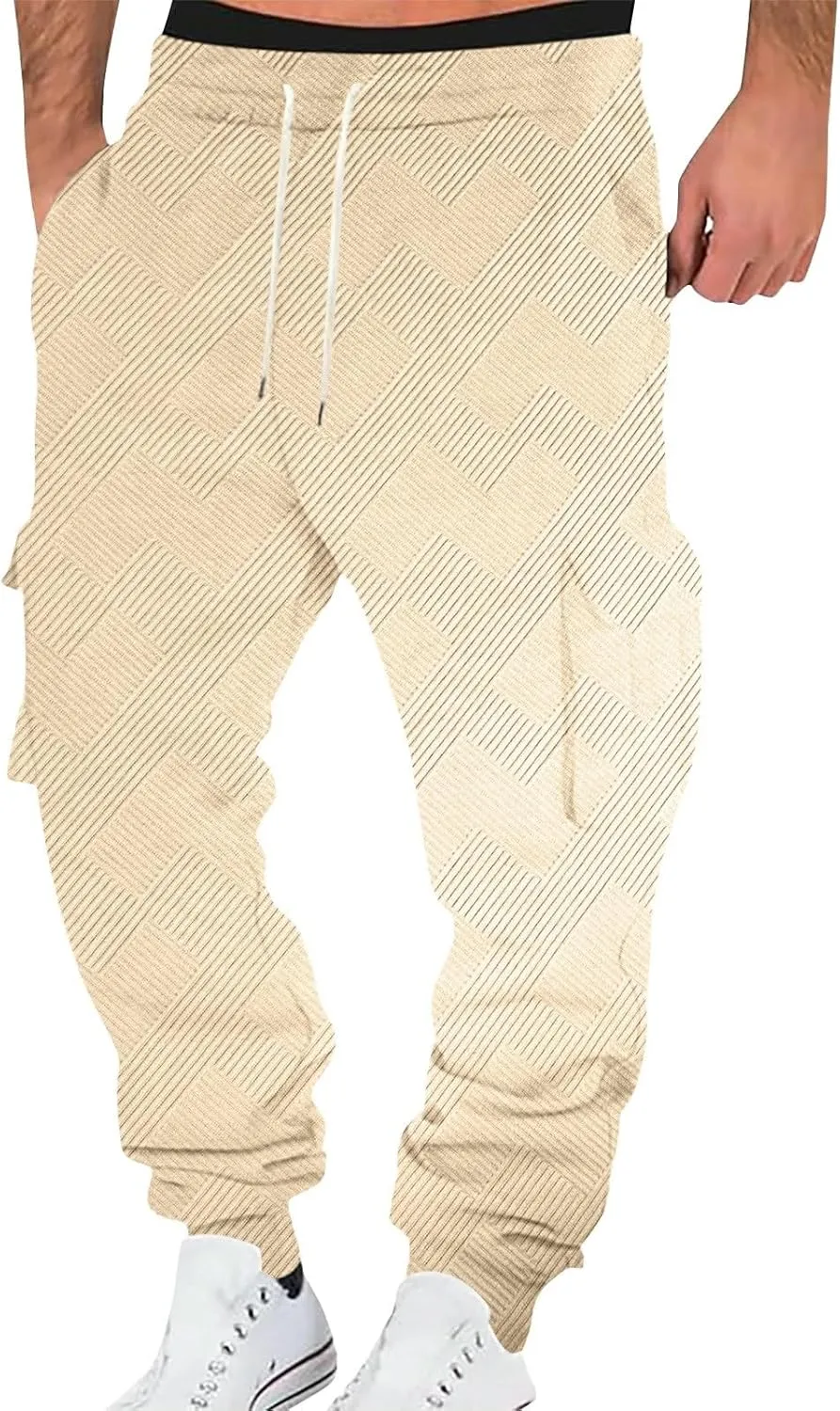 Men's Chinos Solid Color Pocket Cuffed Work Pants, Men's Casual Drawstring Work Pants