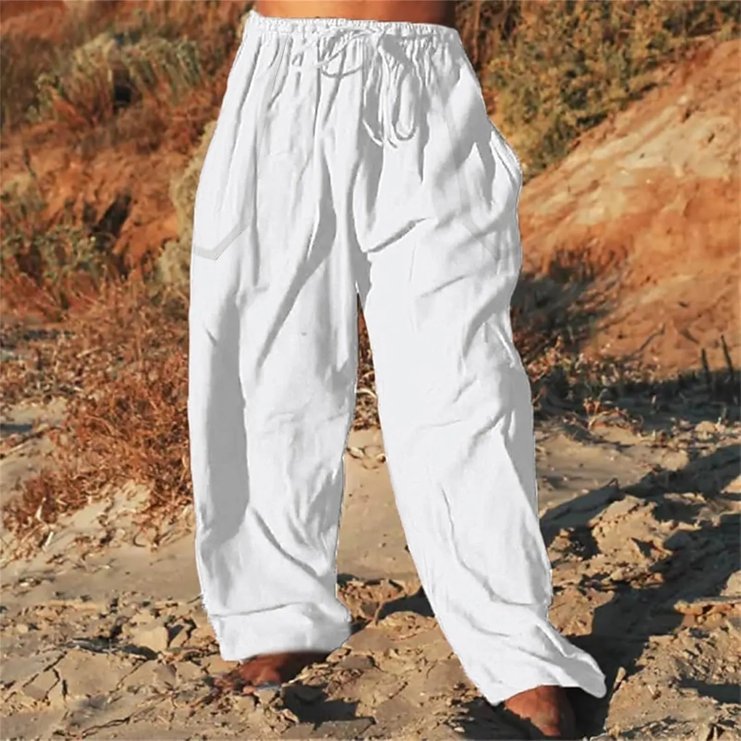 Mens Cotton Linen Harem Pants Elastic Waist Wide Leg Baggy Yoga Trousers Drawstrings Lightweight Summer Beach Pants for Men