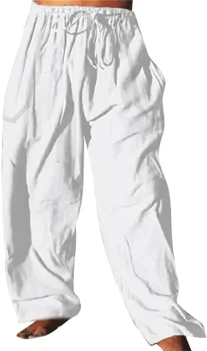 Mens Cotton Linen Harem Pants Elastic Waist Wide Leg Baggy Yoga Trousers Drawstrings Lightweight Summer Beach Pants for Men