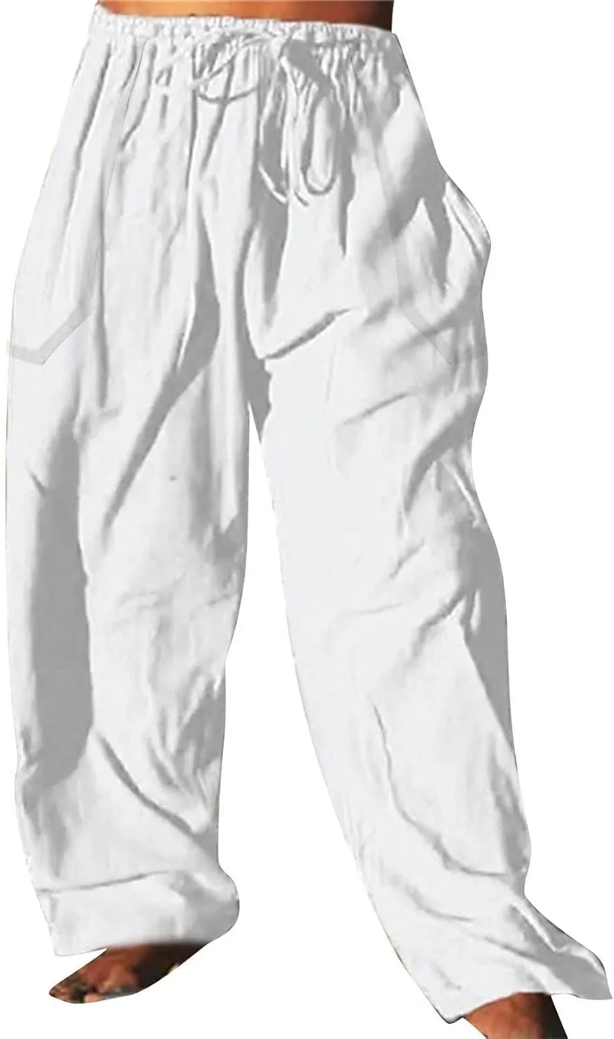 Mens Cotton Linen Harem Pants Elastic Waist Wide Leg Baggy Yoga Trousers Drawstrings Lightweight Summer Beach Pants for Men