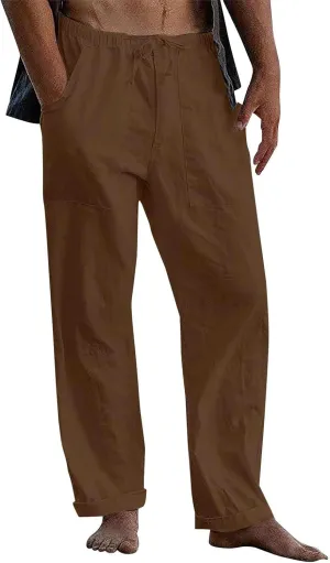 Men's Cotton Linen Pants Elastic Waist Drawstring Sweatpants with Pockets Casual Joggers Summer Beach Trousers