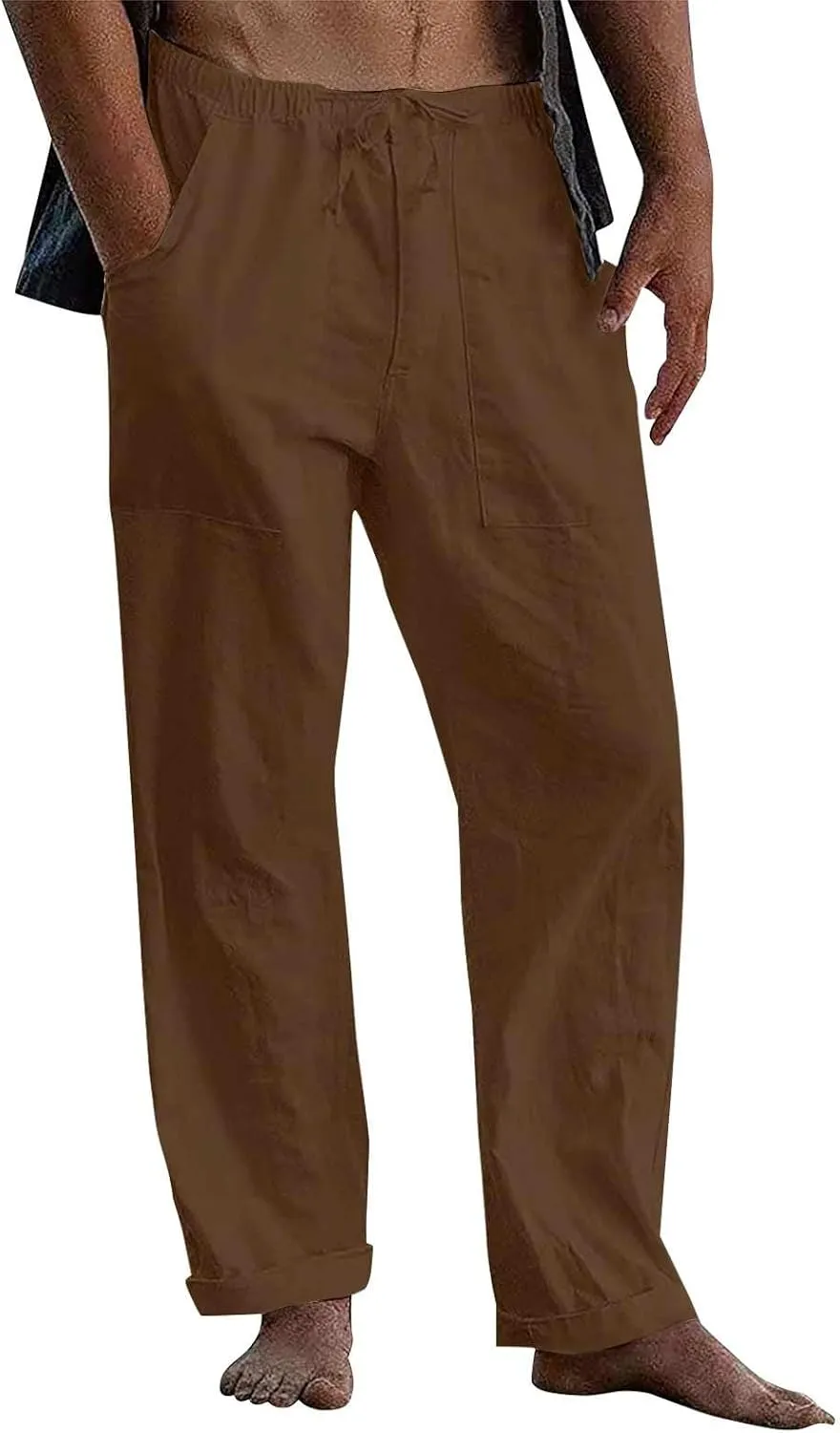 Men's Cotton Linen Pants Elastic Waist Drawstring Sweatpants with Pockets Casual Joggers Summer Beach Trousers
