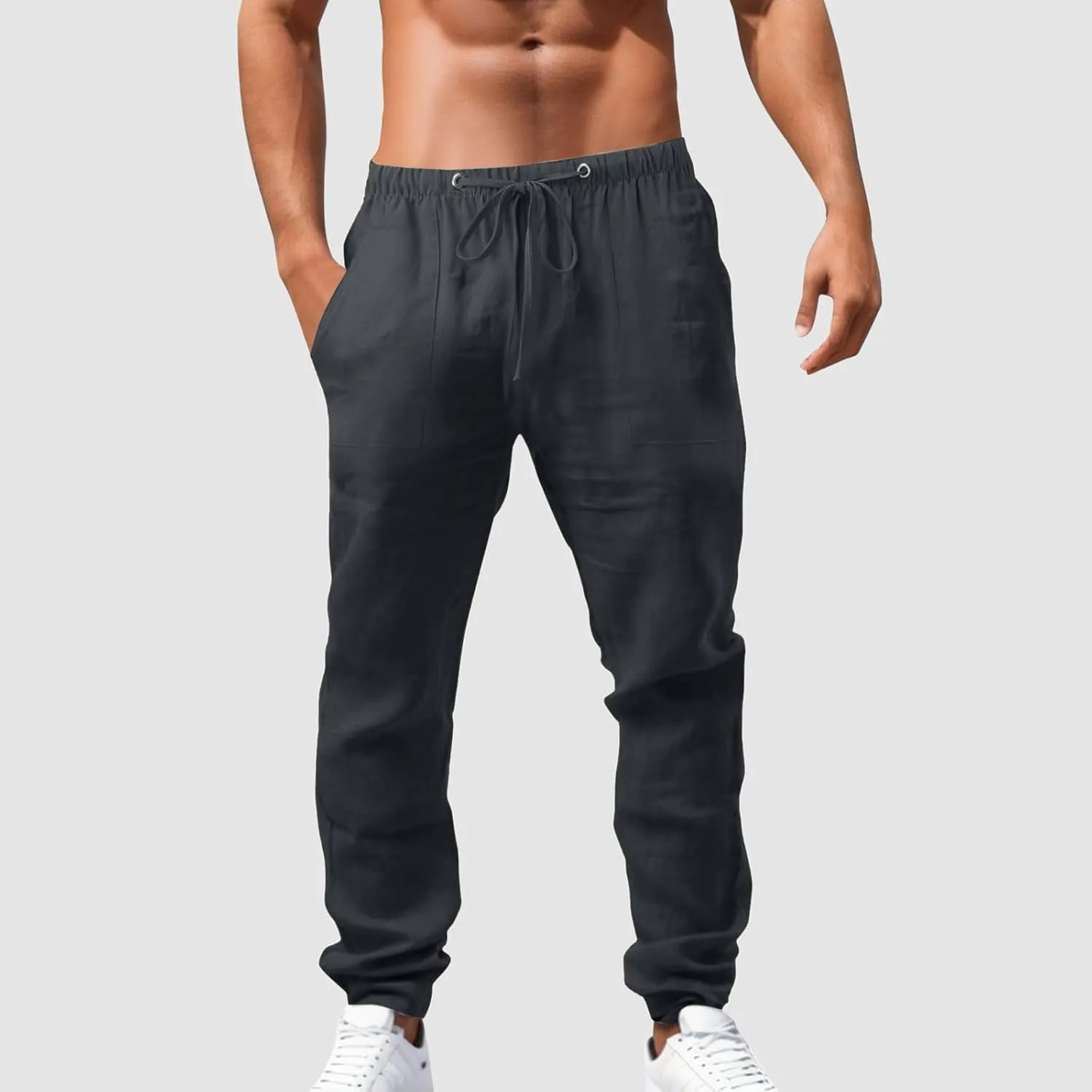 Mens Cotton Linen Pants Solid Color Summer Breathable Trouser Straight Leg Tactical Pants with Multi Pockets