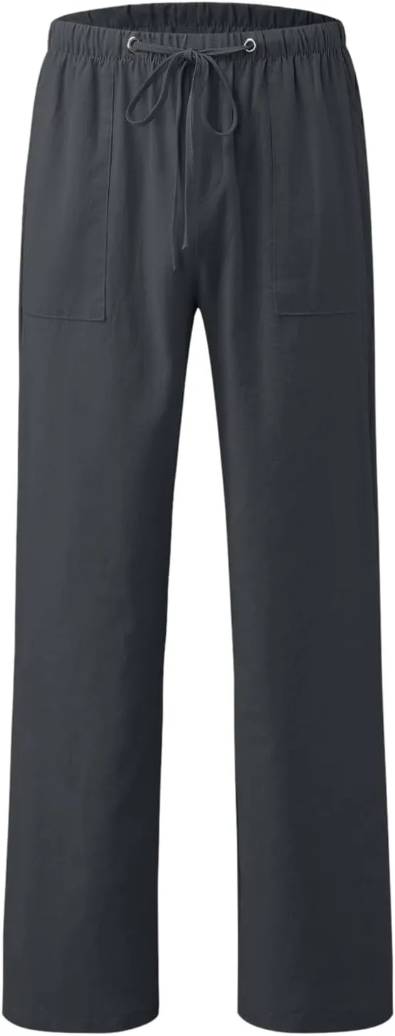 Mens Cotton Linen Pants Solid Color Summer Breathable Trouser Straight Leg Tactical Pants with Multi Pockets
