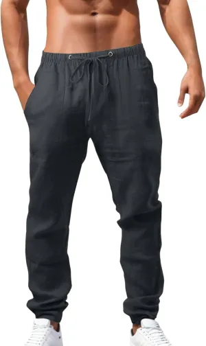 Mens Cotton Linen Pants Solid Color Summer Breathable Trouser Straight Leg Tactical Pants with Multi Pockets