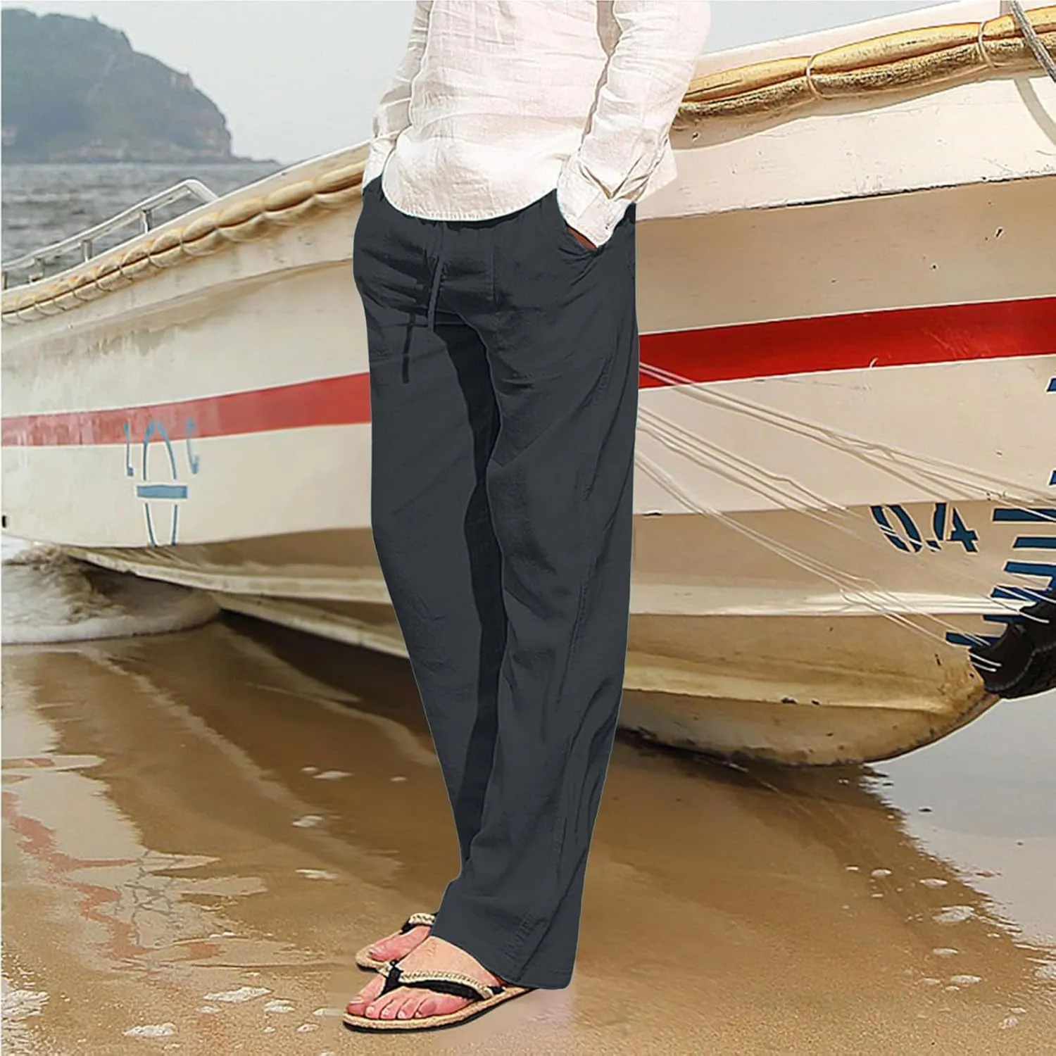 Mens Cotton Linen Pants Solid Color Summer Breathable Trouser Straight Leg Tactical Pants with Multi Pockets