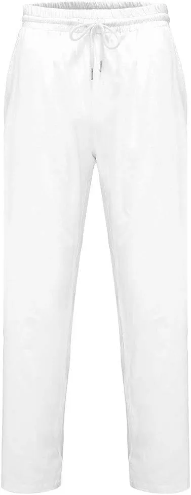 Men's Linen Pants Sports Joggers Elastic Waist Straight Leg Loose Fit Lightweight Yoga Beach Trousers with Pockets