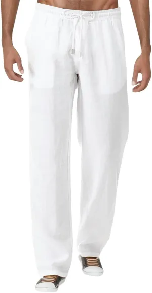 Men's Linen Pants Sports Joggers Elastic Waist Straight Leg Loose Fit Lightweight Yoga Beach Trousers with Pockets