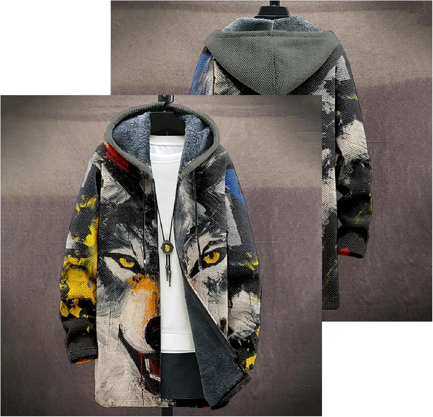 Mens Long Cardigan Hoodies Color Block Hooded Jacket Horse Print Open front Sweater Hoodie with Pockets Coat