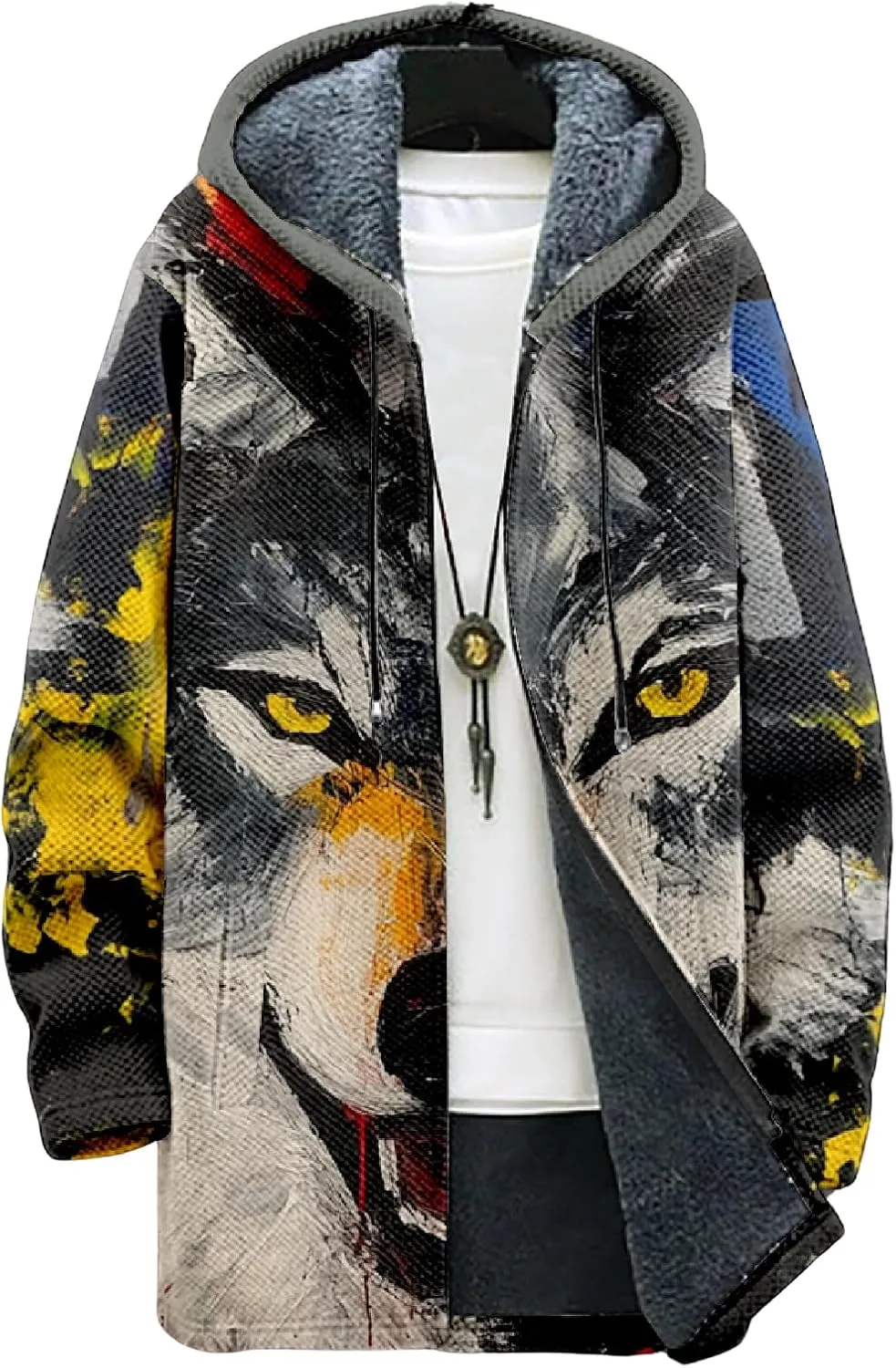 Mens Long Cardigan Hoodies Color Block Hooded Jacket Horse Print Open front Sweater Hoodie with Pockets Coat