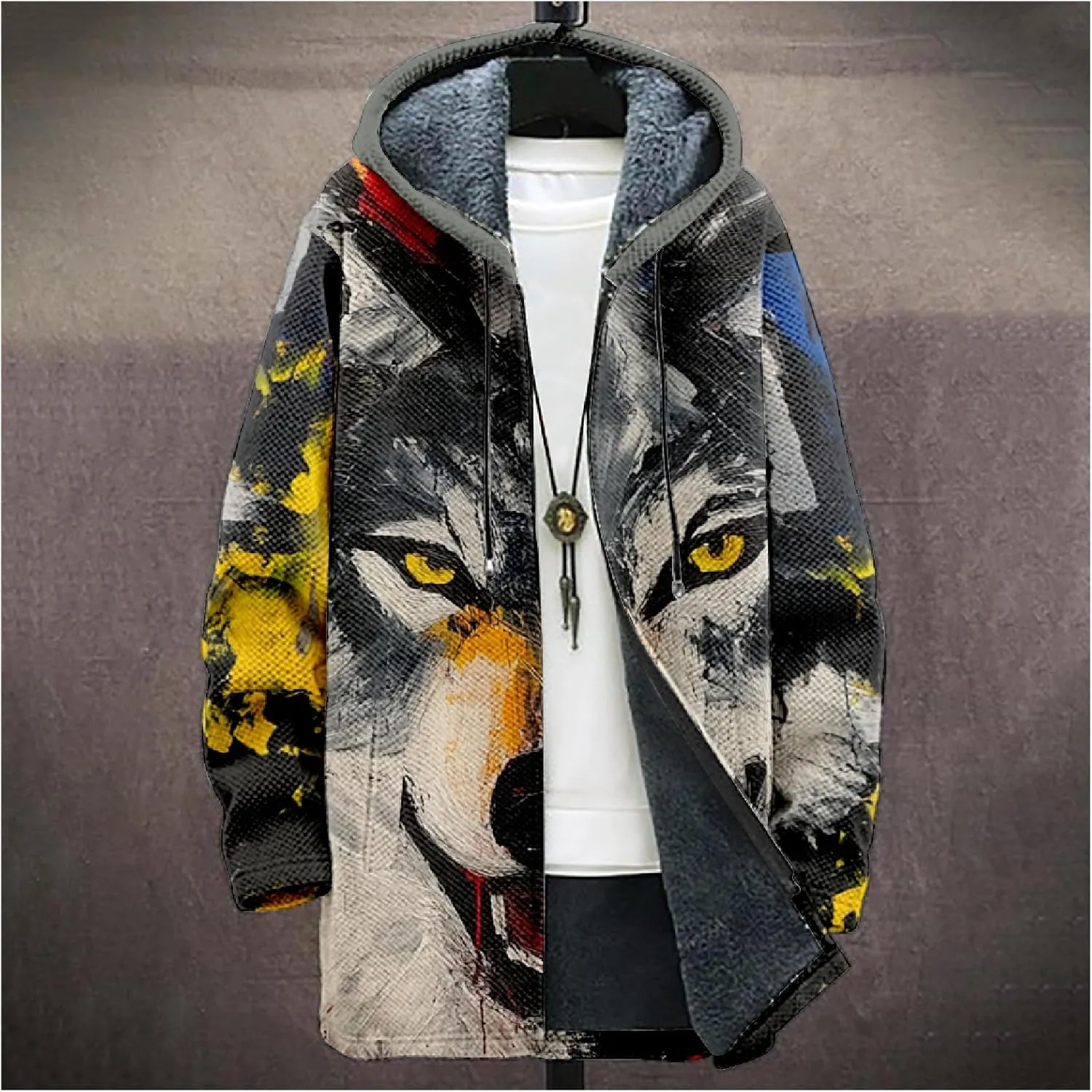 Mens Long Cardigan Hoodies Color Block Hooded Jacket Horse Print Open front Sweater Hoodie with Pockets Coat
