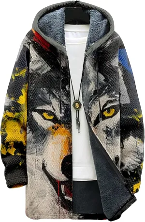 Mens Long Cardigan Hoodies Color Block Hooded Jacket Horse Print Open front Sweater Hoodie with Pockets Coat